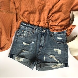 Mid Rise Distressed Boyfriend Shorts
